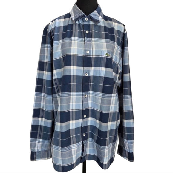 Lacoste Blue Plaid Regular Fit Men's Button Up Shirt Size L - Picture 1 of 5